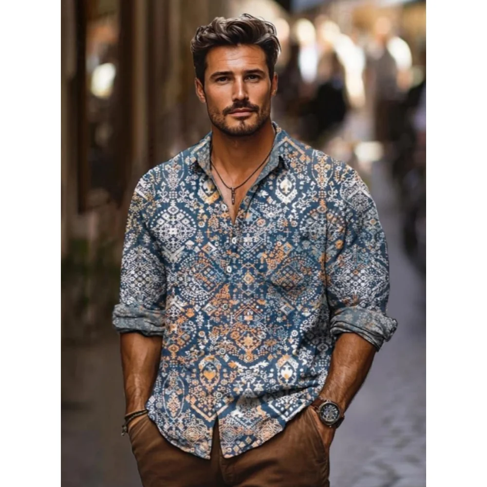 

Men's linen long sleeved shirt with printed shirt, retro casual fashion shirt, comfortable ethnic pattern