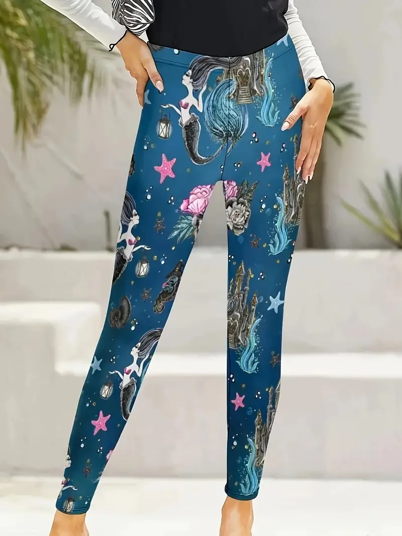 Mermaid  printed casual women\'s pants elastic elastic waist tight-fitting leggings for women\'s daily wear