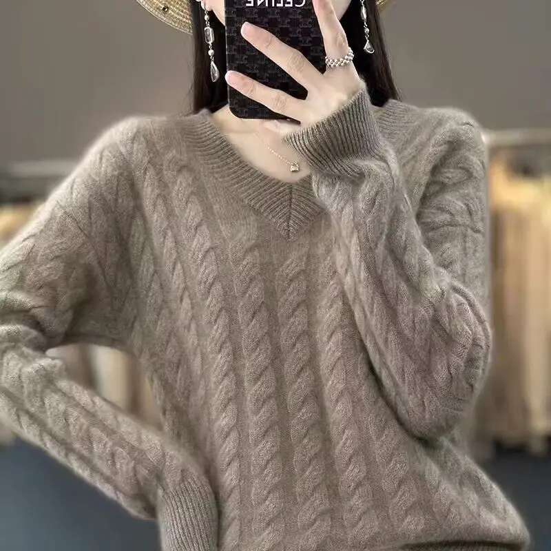 

Autumn Fashion Women Autumn Winter New V-neck Solid Pullover Sweater Base Shirt Top