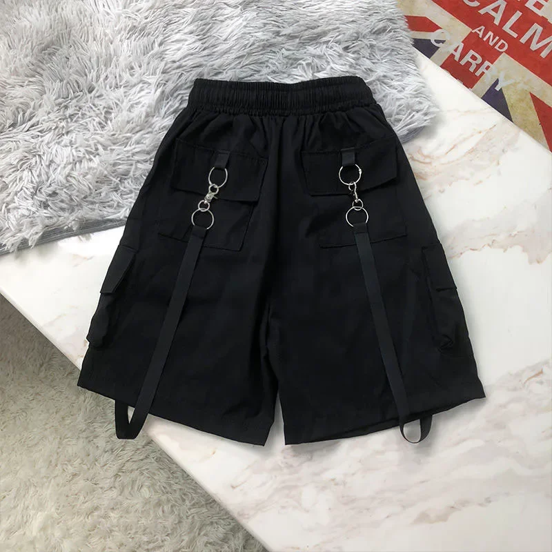 Summer Cargo Shorts Women Y2K Harajuku Streetwear Hip Hop with Chain Shorts Bf High Waist Baggy Wide Leg Short Pants New