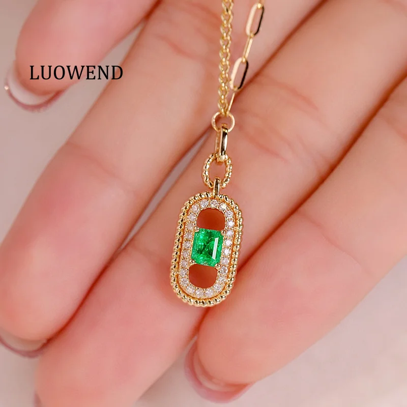 LUOWEND 18K Yellow Gold Necklace Fashion AB Design INS Style Luxury Diamond Natural Emerald Necklace for Women Party Jewelry