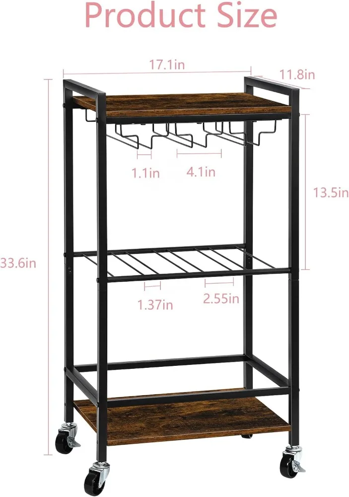 NANANARDOSO-carrito de Bar de 3 niveles, carrito de servicio para Bar en casa con estante para vino y soporte de vidrio, carrito de Bar móvil para servir vino con ruedas