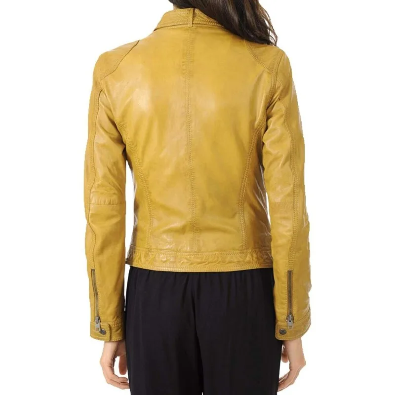 Women's Lambskin Leather Jacket Biker Slim Fit Yellow Stylish Party Wear