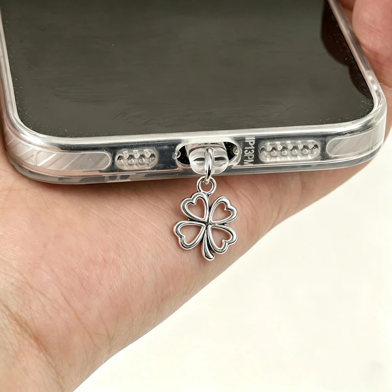 Lucky Silver Clover Phone Dust Plug Hollow Heart Pendant for iPhone Samsung Android Type-C Charging Port Gift for Women Girls