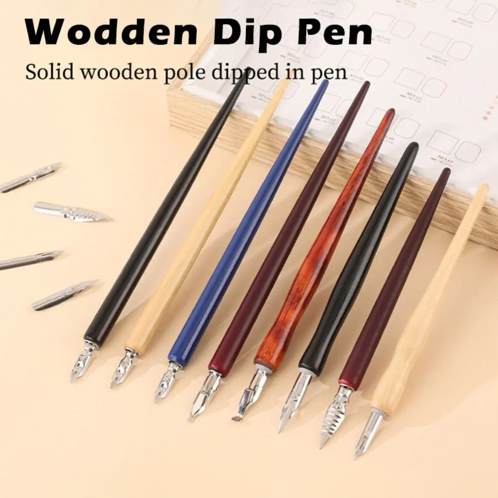 

1pcs Portable Wooden Rod Dip Pen Stainless Steel Tip English Pen Calligraphy Pen Office Business