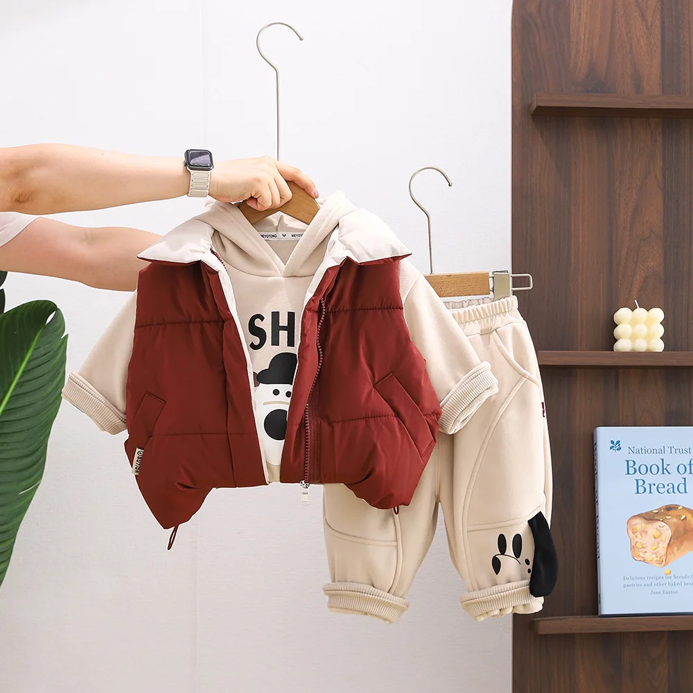 Boys' Winter Cotton Suit, New Children's Velvet Thickened Warm Vest Three-piece Set