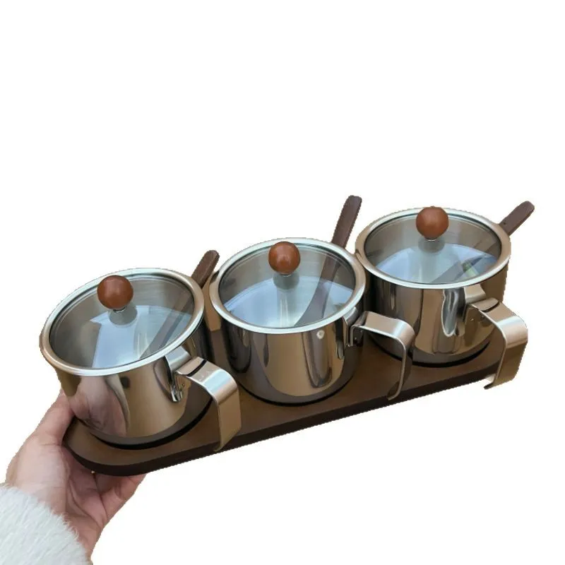 

304 Stainless Steel Acacia Wood Seasoning Bottle Jar Salt Jar Kitchen Storage Box