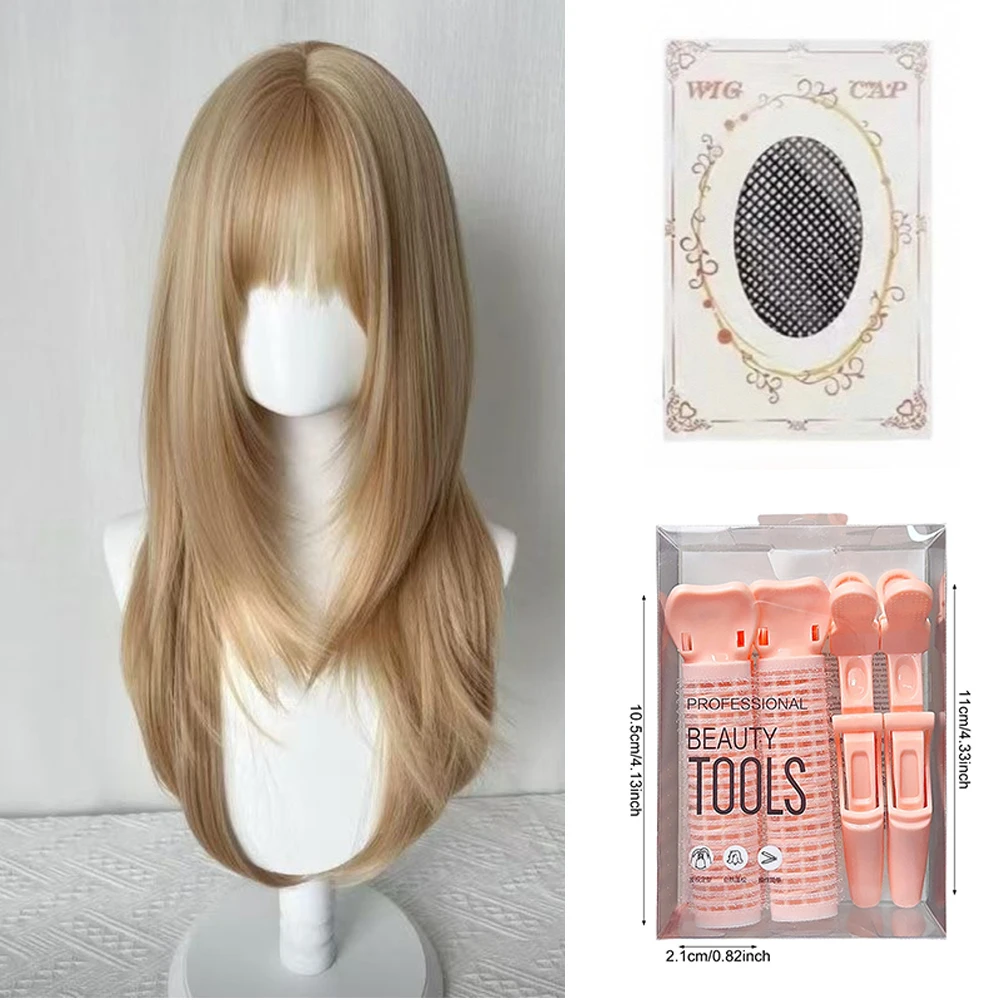 Picture 6: Flax Gold Synthetic Wig with Bangs Long Straight Hair High-Layered Lolita Wigs for Women's Daily Cosplay Wig Heat Resistant