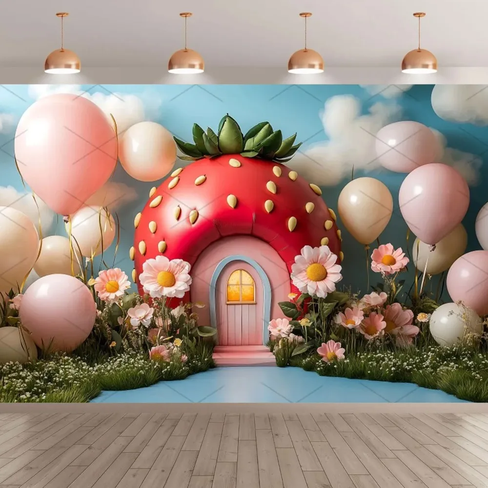 

Red Strawberry House Balloon Arch Theme Banner Shooting Background, Girl's Birthday Party Decoration Photography Studio Backdrop