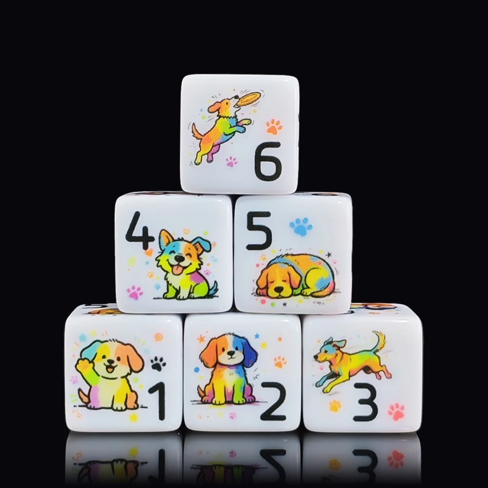 12 Stück 16MM D6 Niedliche Regenbogen-Welpen Bedruckte Weiße Acryl Sechsseitige Würfel Set DND D&D MTG TRPG Fantasy Tischrollenspiel Zubehör