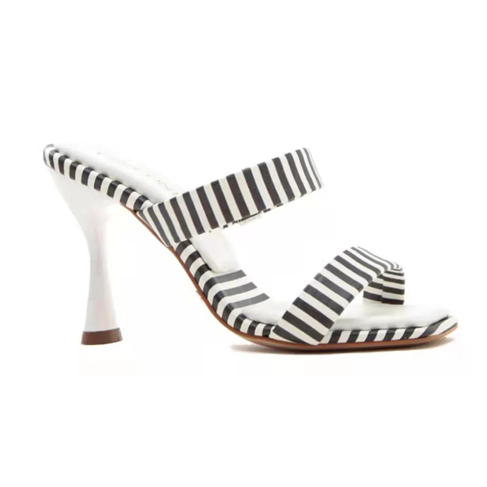 Ladies High Slim Heels Sandals With Strip Pattern Print Casual Square Peep Toe Shoes Summer Beach Supply