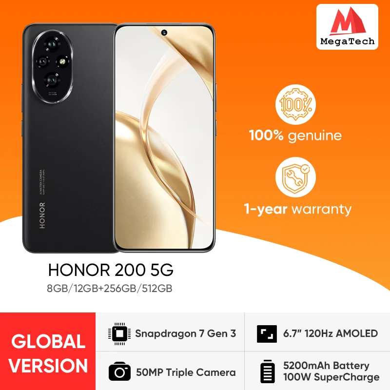 HONOR 200 Snapdragon 7 Gen 3 5G شاشة AMOLED مقاس 6.7 بوصة وبطارية 5200 مللي أمبير في الساعة شاحن فائق 100 وات
