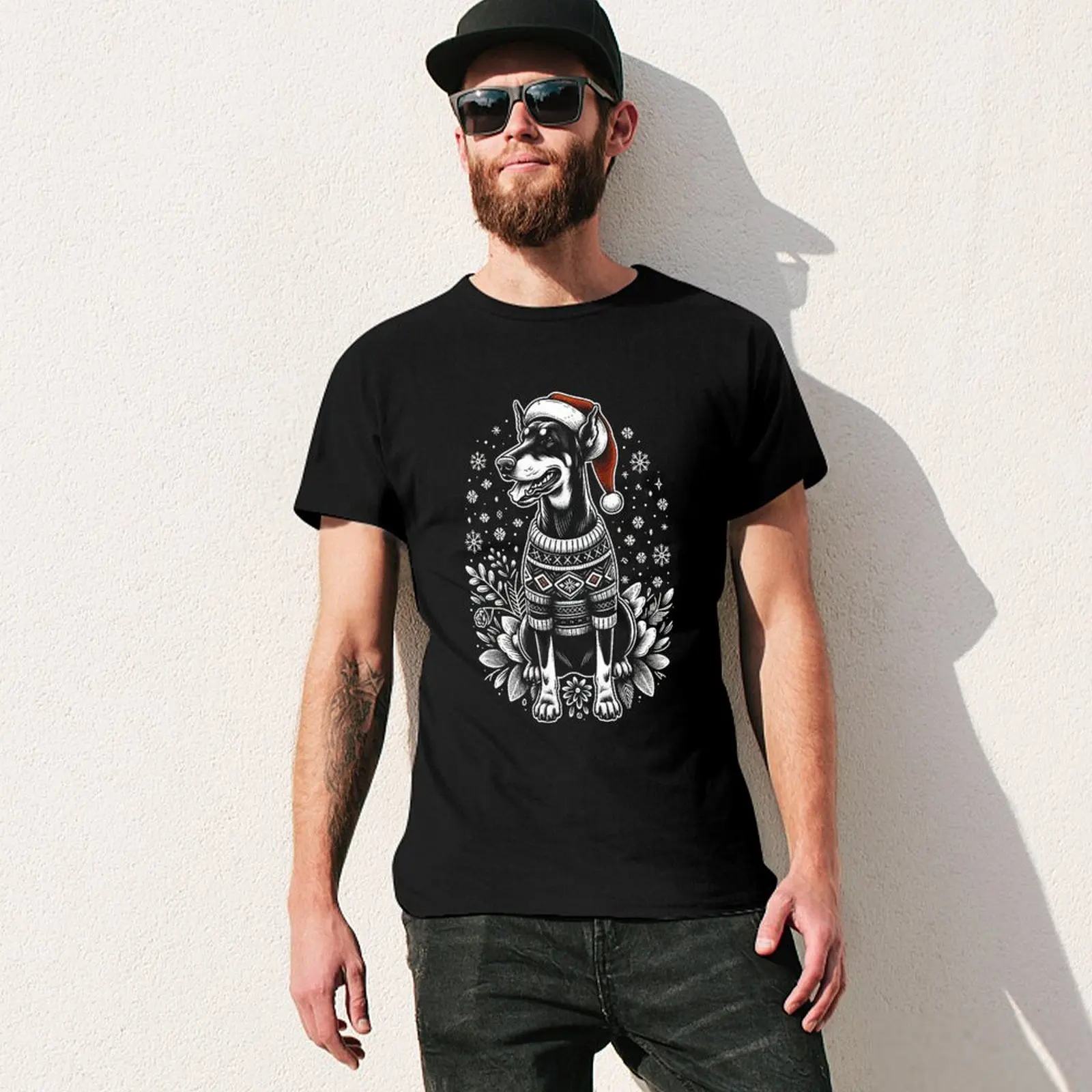 Doberman Dog Christmas Snow Vintage Ugly Sweater Santa's Hat Xmas T-Shirt summer clothes shirts men