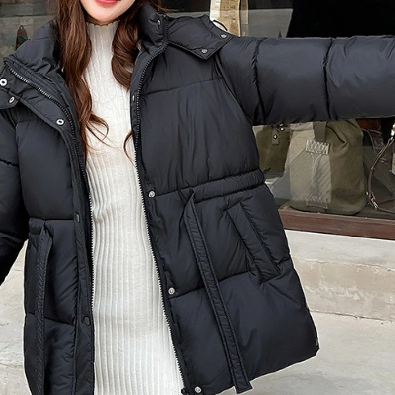 Medium To Long New Loose Waist Cotton Jacket with Thickened Women's Winter Hood
