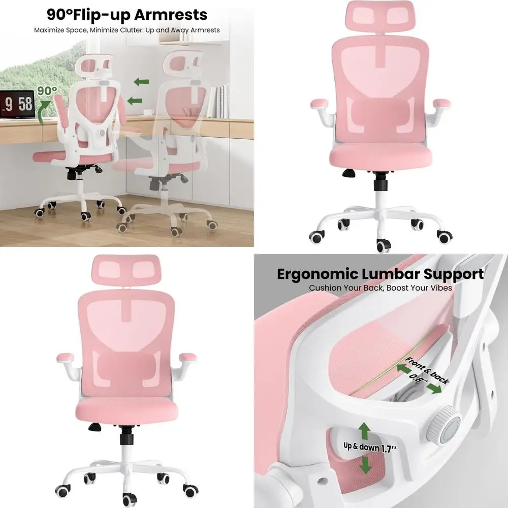

Эргономичное офисное кресло с высокой спинкой, поясничной поддержкой, подлокотниками и регулируемым подголовником для домашнего офиса, розово-белое