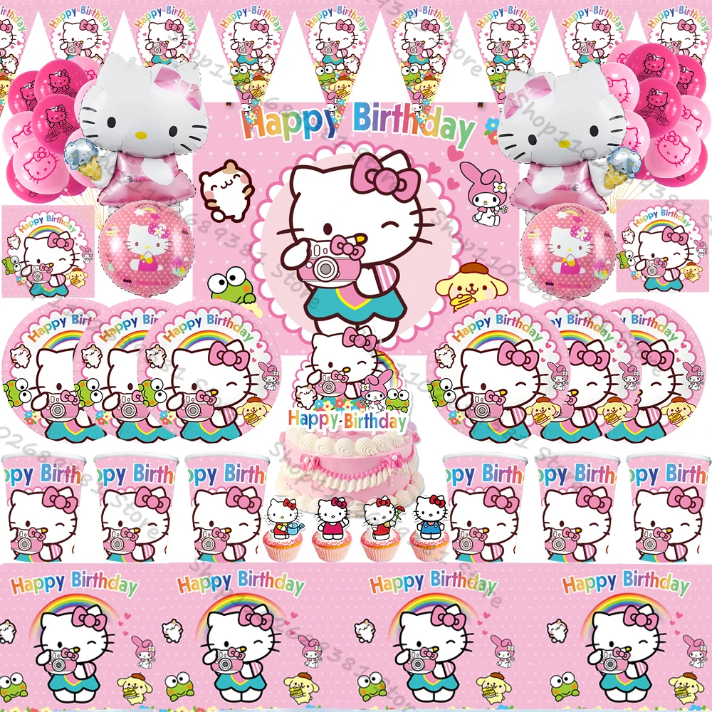 Suministros de fiesta de Hello Kitty para niñas, juego de globos, vasos de papel, platos, servilletas, accesorios de fiesta, decoraciones de fiesta