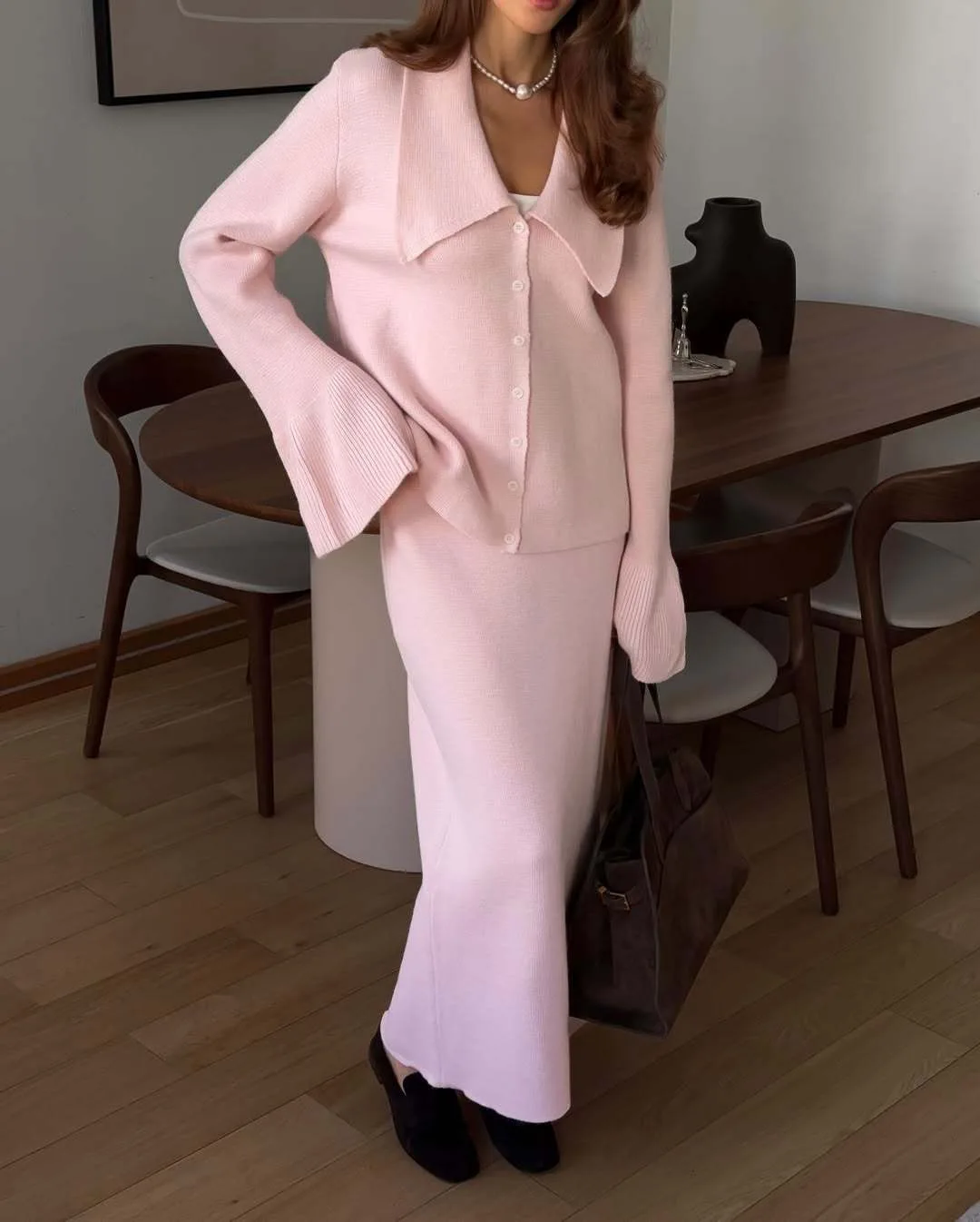 

Sexy Soft Elegant Vintage Women Suits 2 Pieces Female Sets Polo Neck Cardigan Sweater & Midi Dress Knitted TrackSuit Skirt Sets