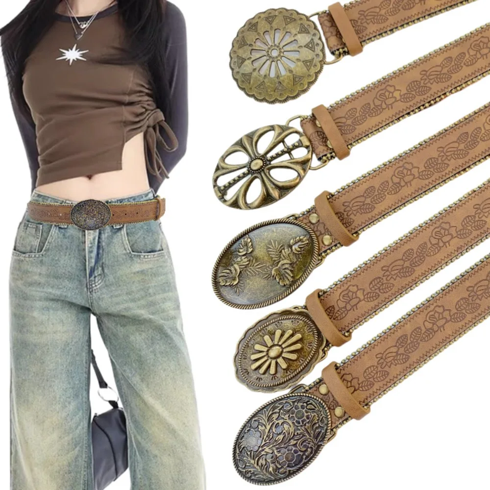 

Alloy Cowgirl Buckle Belt Jeans Decor Strap Buckle Cowboy Waistband Punk Vintage Flower PU Hollow Belt Dress Decoration