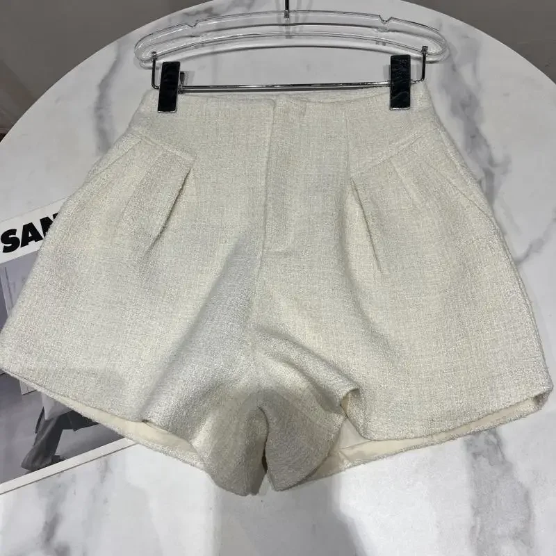 Elegant Straight-leg Shorts for Women 2024 Autumn New Double Pocket Solid Color Tweed Temperament Ladies High Waist Shorts