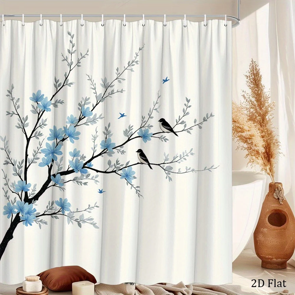 1pc 2D Flat Tree Branch Shower Curtain Black Tree Branch with Light Blue and Gray Flowers, Birds Perched and Flying on a Minimal