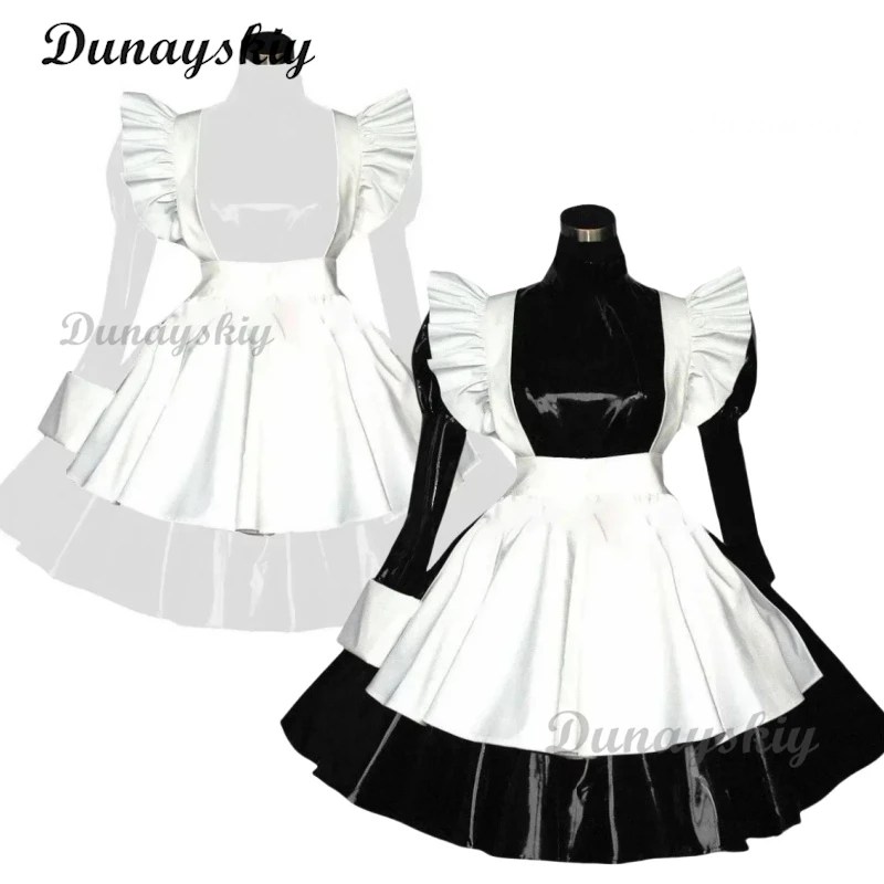 Dulce disfraz de sirvienta Lolita Cosplay mujer Sexy PVC cuero sirvienta francesa traje de camarera con cordones vestido de sirvienta Clubwear