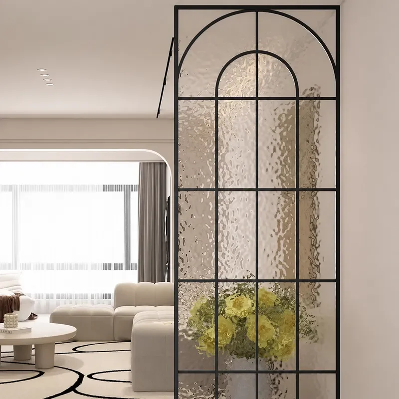 French Cream Style Changhong Glass Partition for Living Room Entrance Bathroom Water Pattern Wrought Iron Stainless Steel
