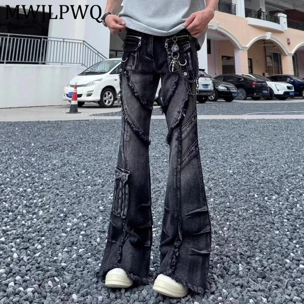 

MWJLPWQ American-Style Structrue Flared Jeans For Men Trend Design Streetwear American Rough Edge Spring Autumn Vibe Pants 14878