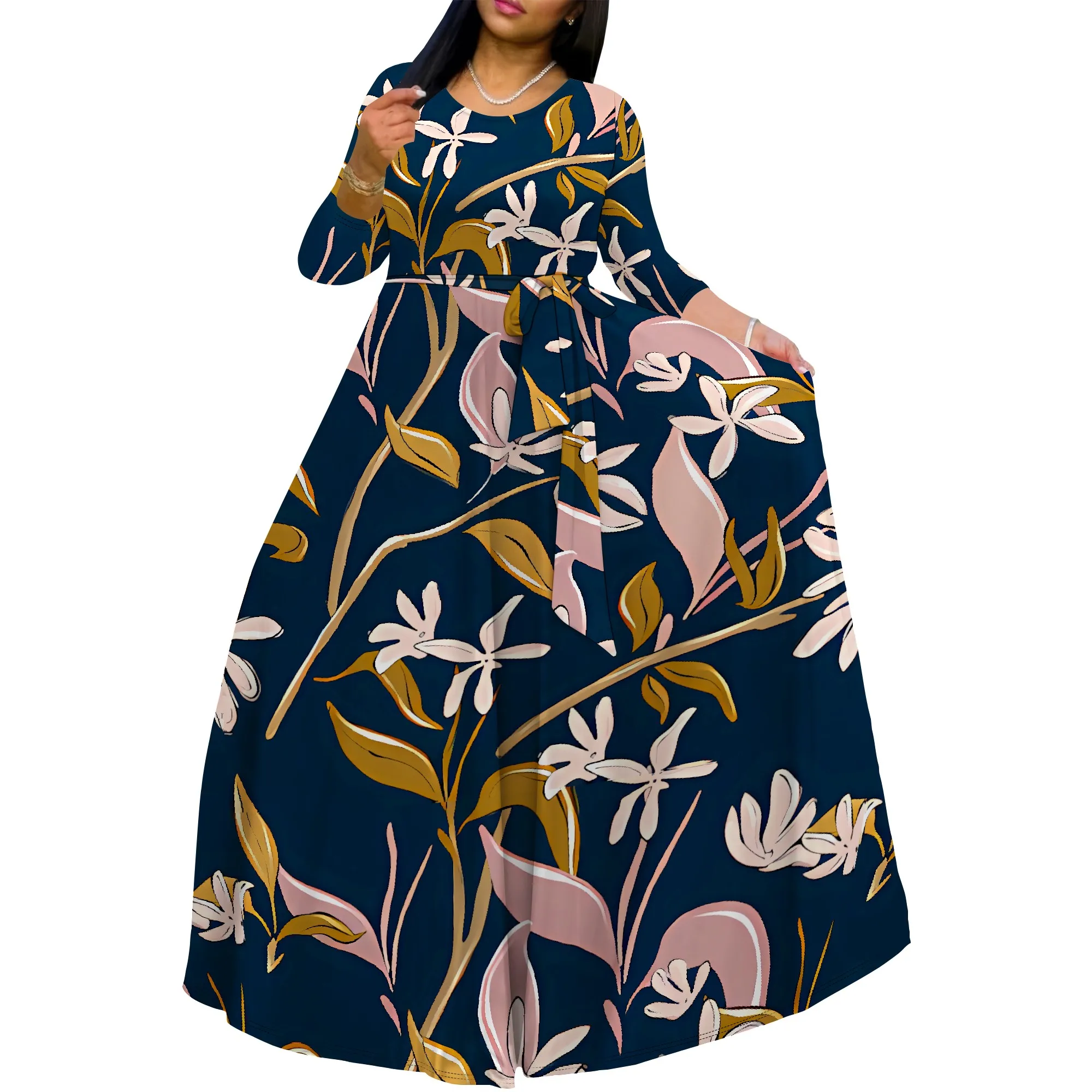 Floral Print Long Sleeve Maxi Dress for Women Peach Background Boho Style V-Neck Casual Outfit