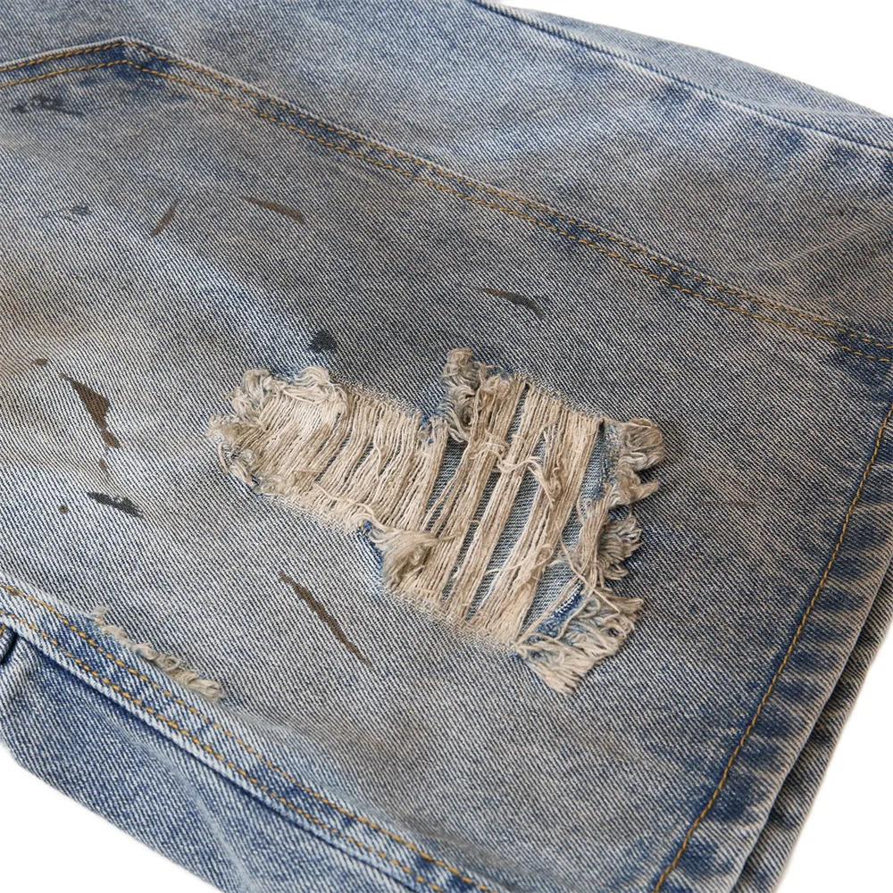 MWJLPWQ Worn-Out Dirty Ripped Denim Cropped Pants Men‘s Street Style Graffiti Splatter Design Niche Loose Wide-Leg Shorts 17203