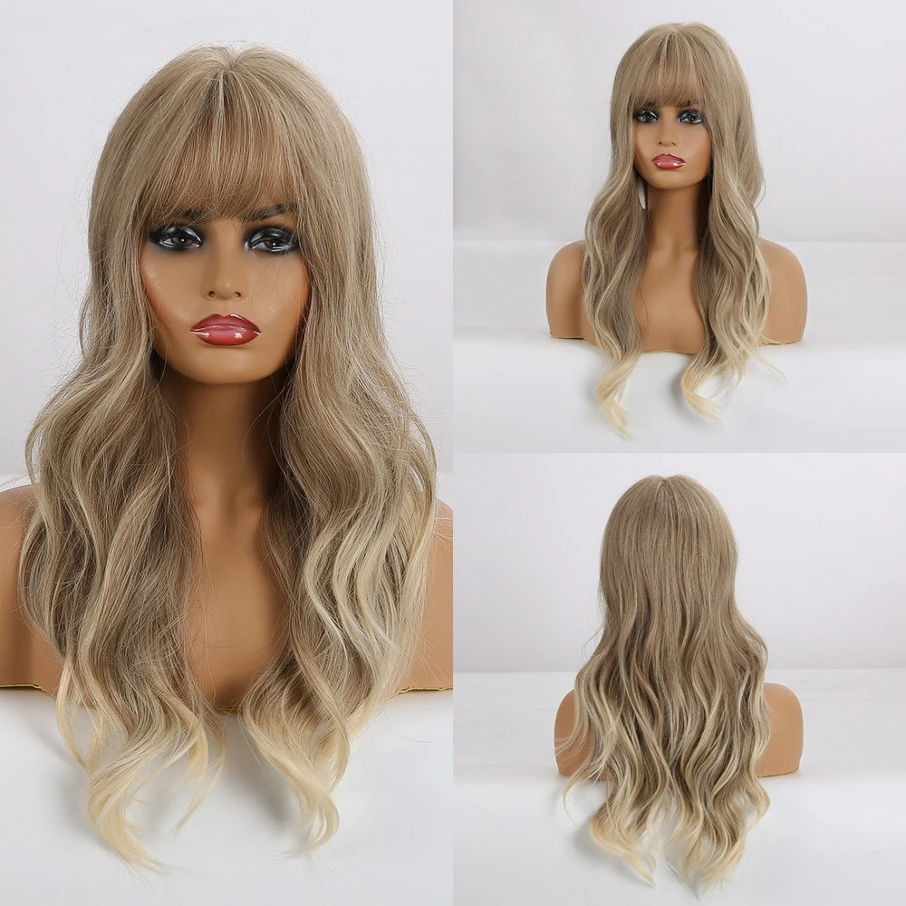 ALAN EATON Ombre Black Brown Blonde Long Wavy Hair Wigs with Bangs Cosplay Daily Synthetic Wigs for Women Heat Resistant Fibre