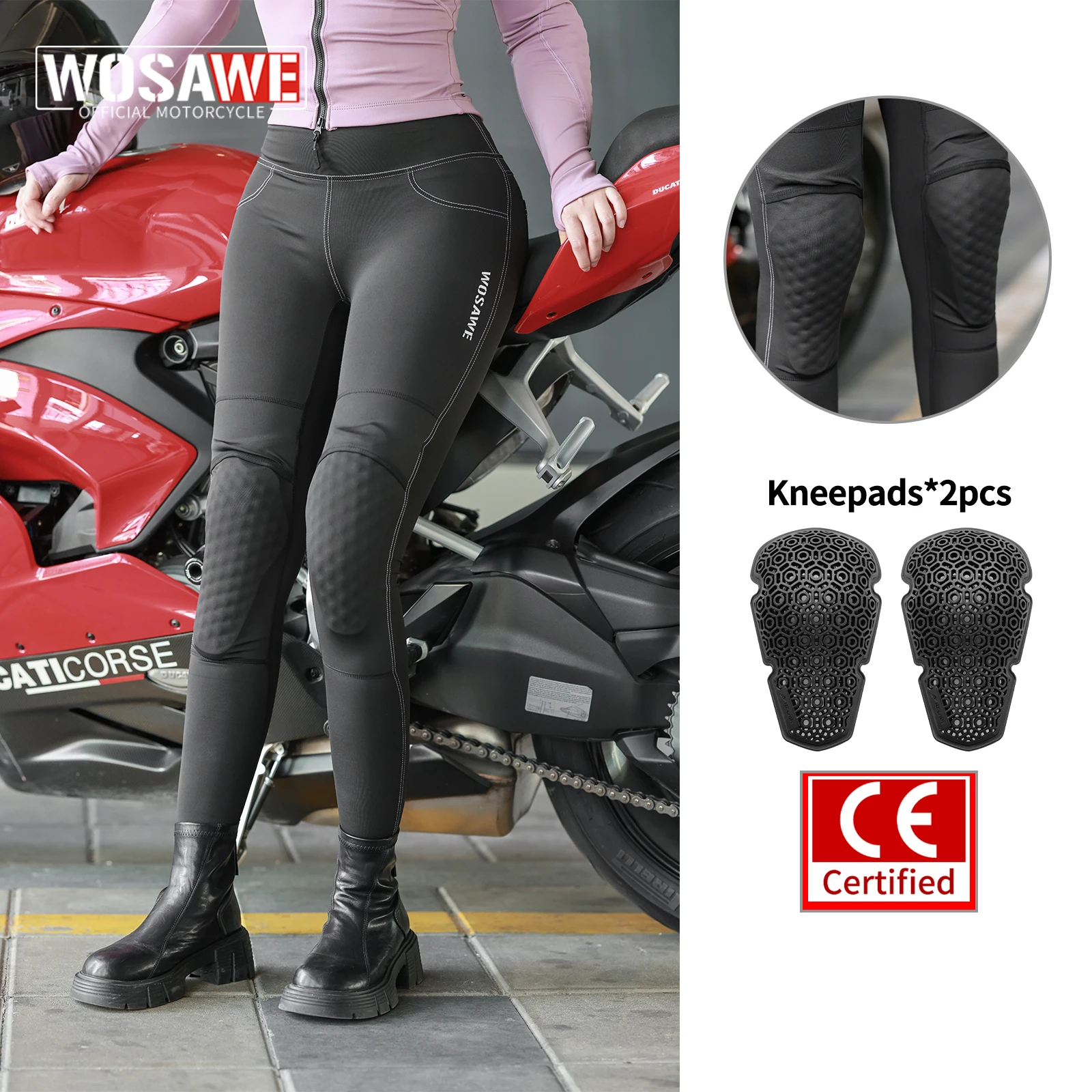 

WOSAWE High Waist Motorcycle Rider Pants with CE Certified Kneepads Remove Woman Motorcycle Trousers Faux Denim Jeans Leggings