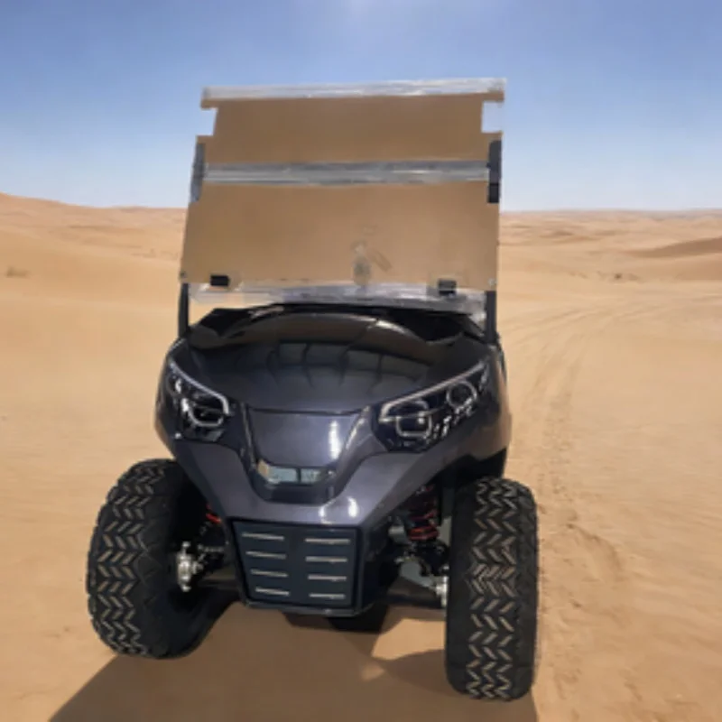 

Электрический гольф-кар заводского производства, внедорожный охотничий автомобиль на новой энергии, с алюминиевыми колесами, коричневыми сиденьями премиум-класса и складным ветровым стеклом