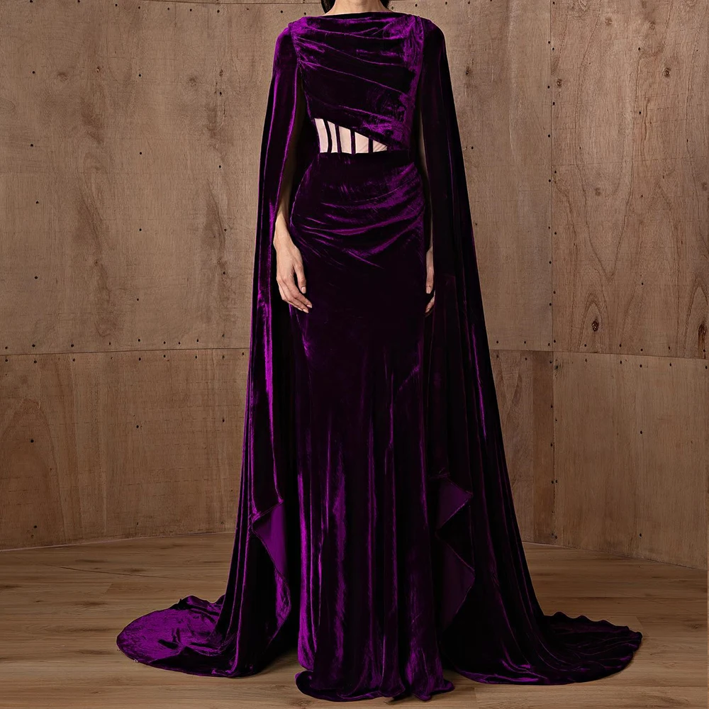 

Customized Velvet Straight Cap Sleeve Evening Dress O-neck Floor Length Sleeveless Watteau Train Delicate Vestidos de fiesta