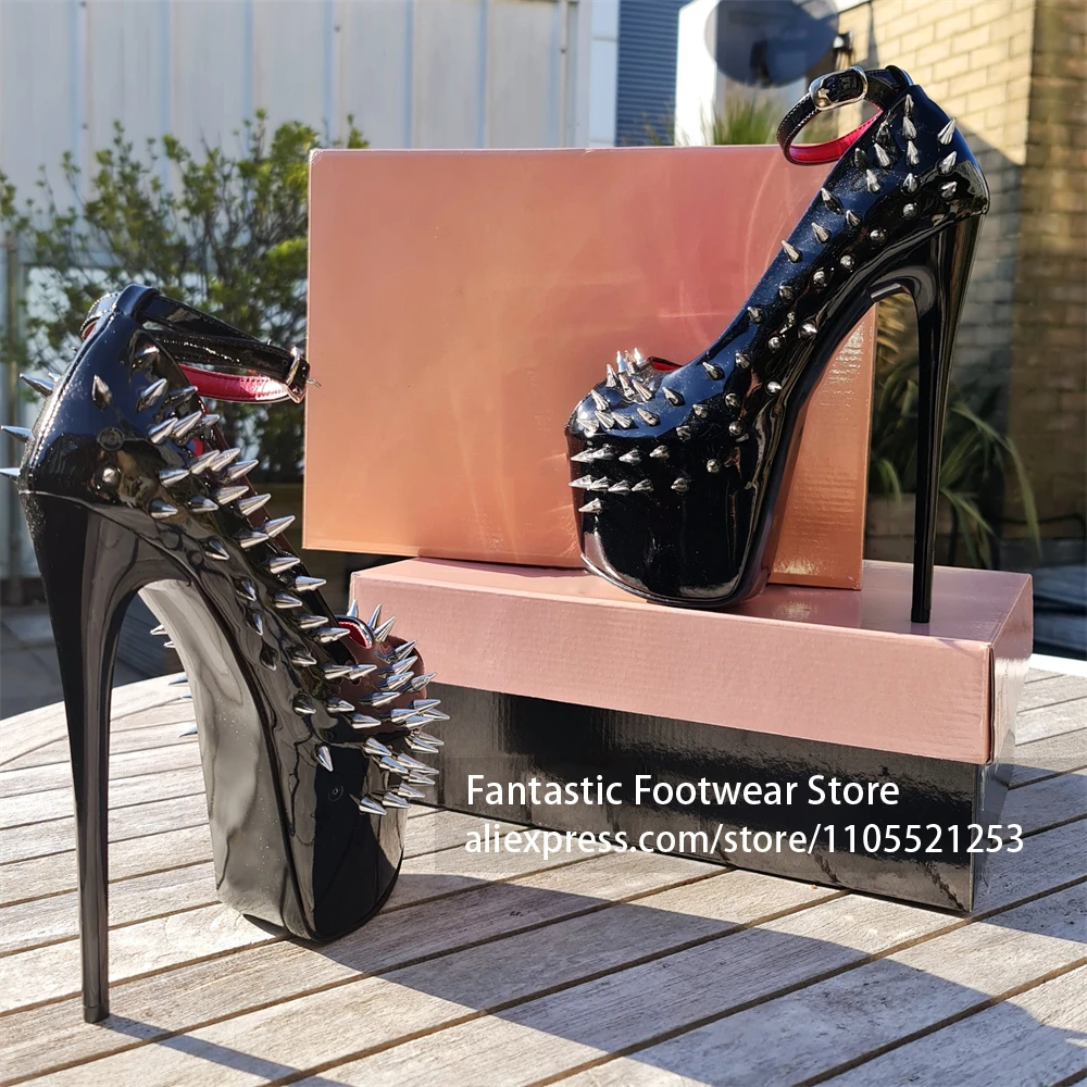 Gothic Punk Metal Spike Rivet Patent Leather Ankle Buckle Platform Stiletto Heels Royal Blue Alt Nightclub Party Shoes for Women view 3