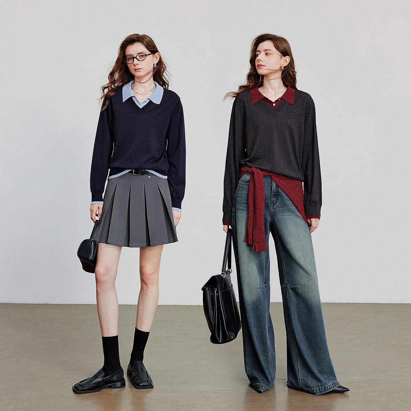 TOYOUTH ผู้หญิงถักเสื้อ 2025 ฤดูใบไม้ร่วงคอลเลกชันใหม่: Lyocell Splicing ปลอมสองชิ้น Retro สไตล์วิทยาลัย