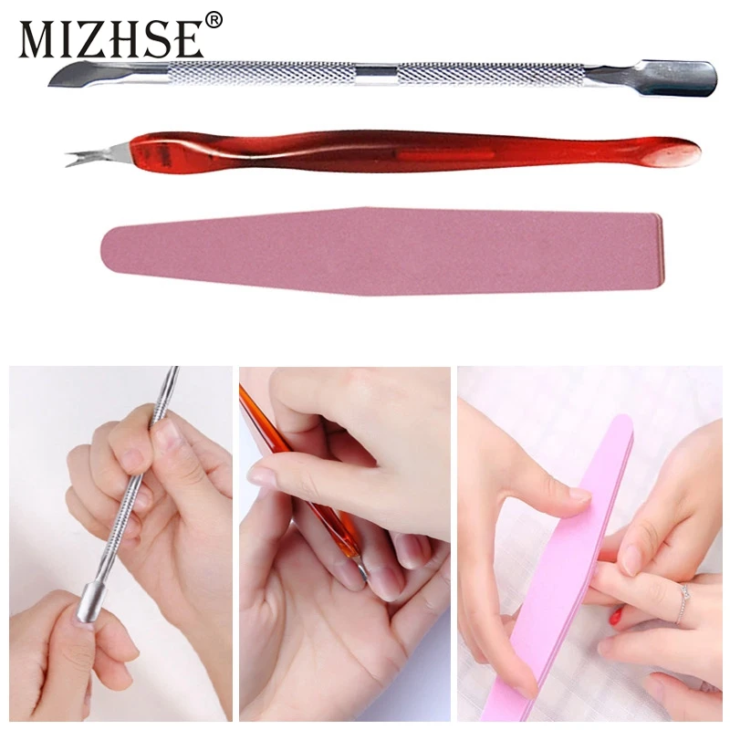 Mizhse 3 pçs kits de ferramentas manicure arquivo da arte do prego pele morta garfo trimmer descascar faca cutícula removedor polido manicure ferramentas conjunto