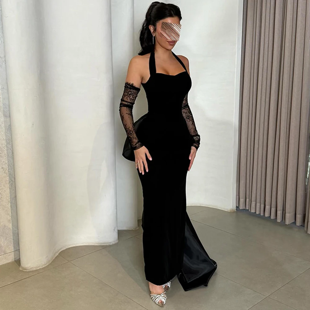 

Black Jersey and Satin Celebrity Gowns Customized Halter Detachable Sleeve Evening Dress Bow Panel Train Homecoming Dresses