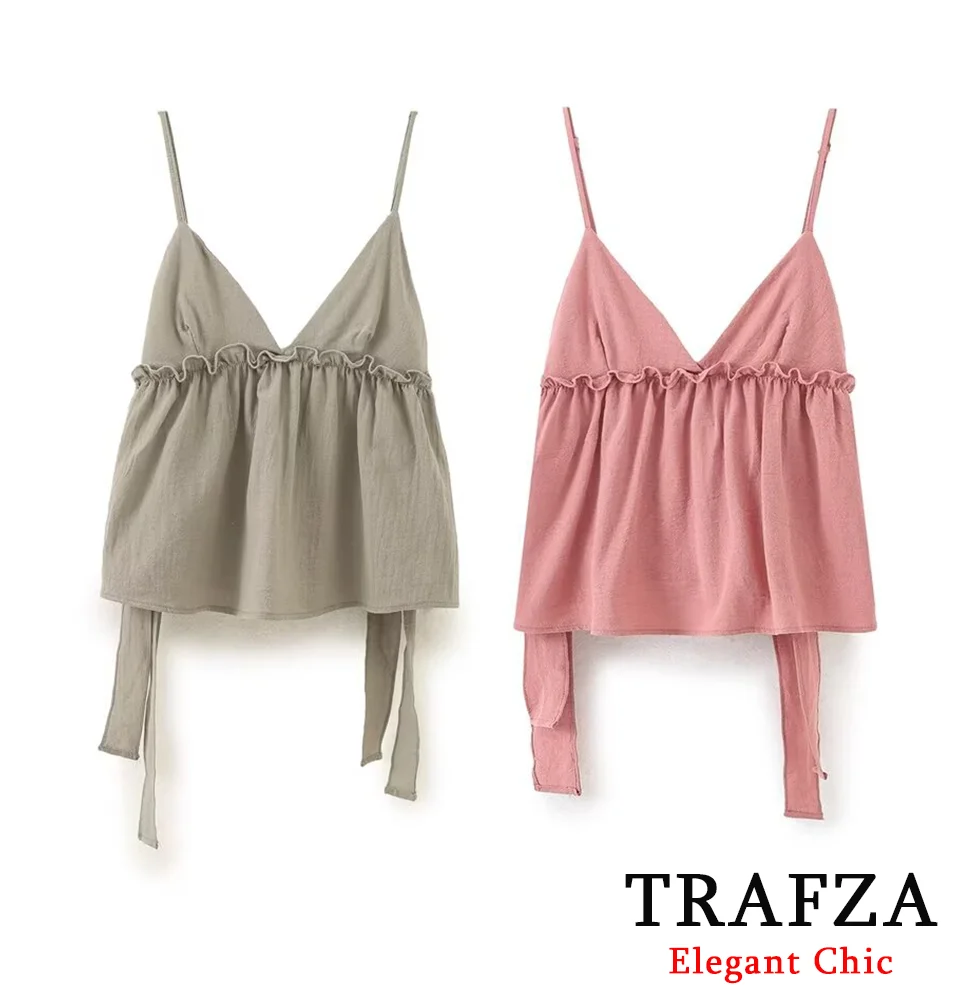 TRAFZA Romantic Casual Blend Halter Top Women's Spaghetti Strap V-neck Camisole Top New 2024 Summer Fashion Holiday Top