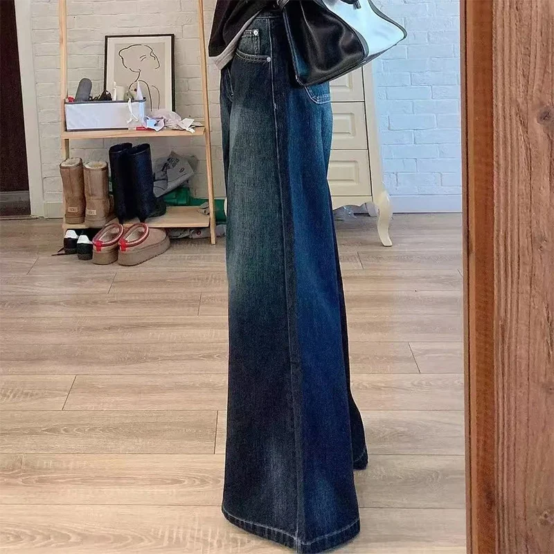 Harajuku Wide Leg Jeans for Women Vintage Deep Blue High Waist Full Length Pants Autumn 2000S Streetwear Loose Straight Trousers