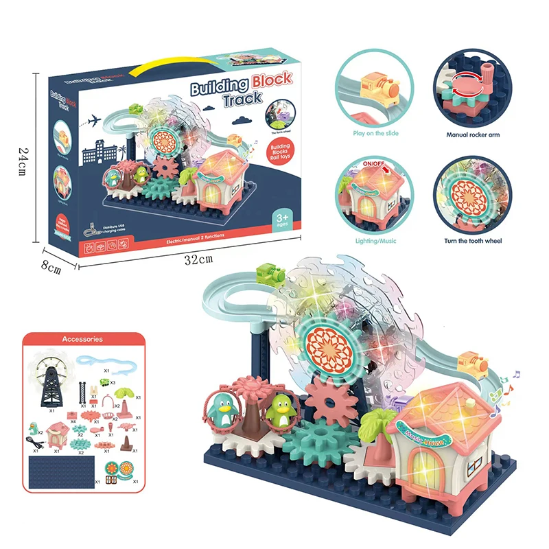 Crianças elétrico roda gigante slide railcar pista brinquedo com música luz montagem jogo interativo brinquedo educacional presente para o miúdo