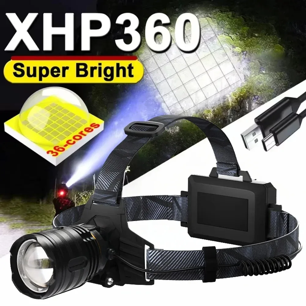 Самый мощный налобный фонарь XHP360 с 36 ядрами, перезаряжаемый, на аккумуляторе 18650, с зумом, высокомощный налобный фонарь для рыбалки