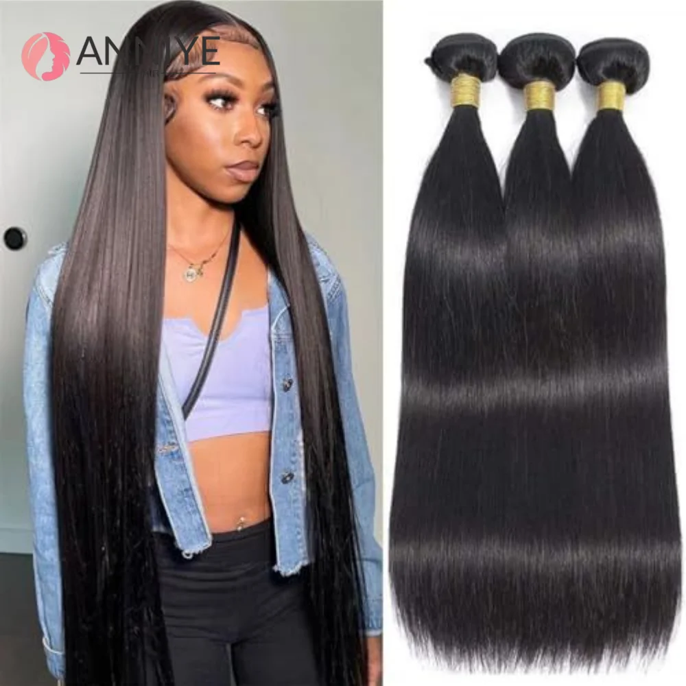 

ANNIYE Hair 12A Straight Human Hair Bundles 1/3/4 Pieces Natural Color For Black Women Remy Hair Human Hair Extensions