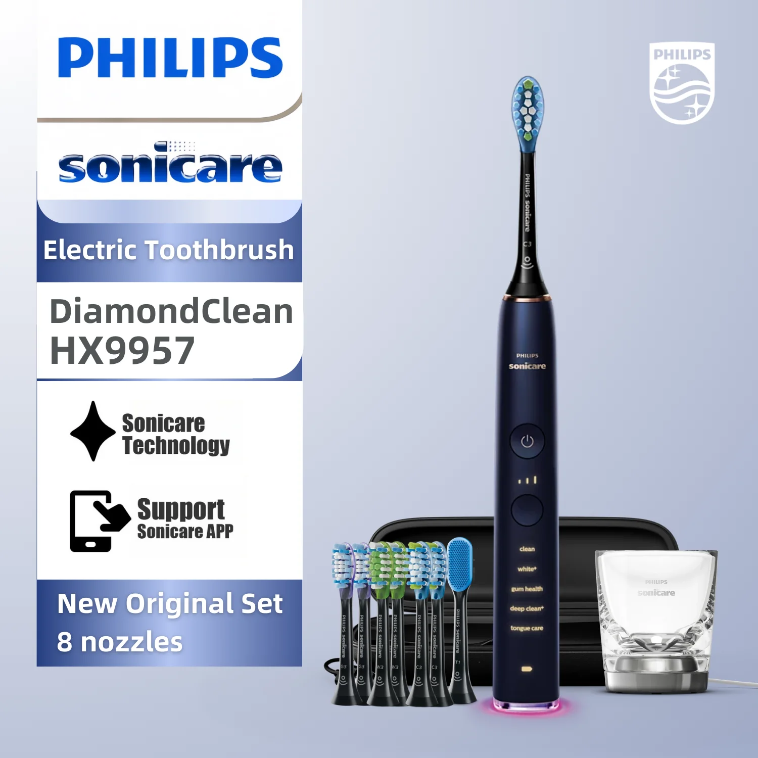 Philips Sonicare DiamondClean 9700 HX9957, Smart brush head recognition, 5 modes, 3 intensities