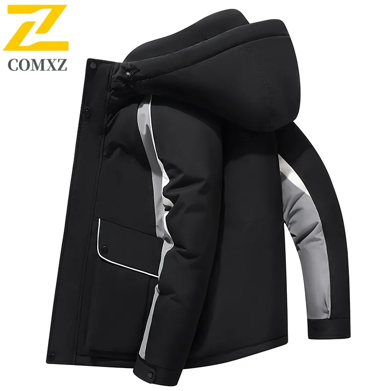 COMXZ 2025 الشتاء سميكة الرجال أسفل سترة تسلق الصيد مقنعين الدافئة الأبيض بطة أسفل معطف عادية خفيفة الوزن سترة منفوخة