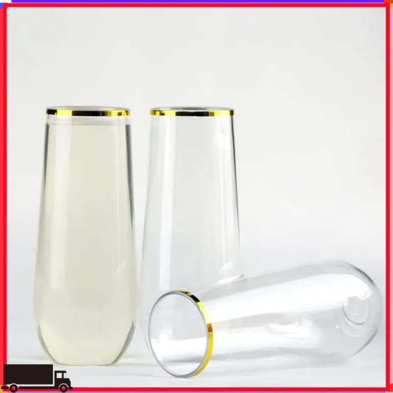 

Premium Stemless Plastic Champagne Glass Disposable 9 Oz Gold Rim Clear Plastic Toasting Glasses Shatterproof Recyclable