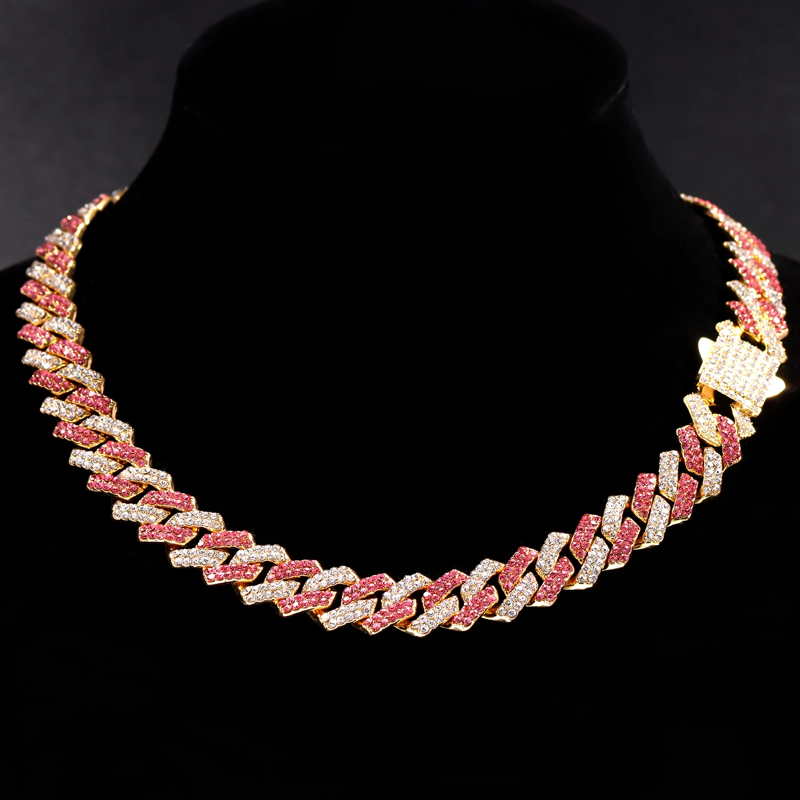 Vereiste kubanische Glieder kette Halskette für Frauen Männer 14mm 2 Reihen Strass gepflastert Zinken Rhomb kubanische bunte Halskette Hip Hop Schmuck