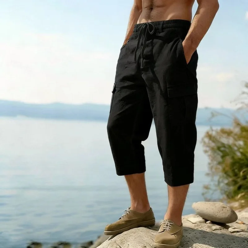 Herren Cargo-Caprihose mit mehreren Taschen, Kordelzug, elastischem Bund, locker geschnitten, lässige 3/4-Länge Hose – Detail 5
