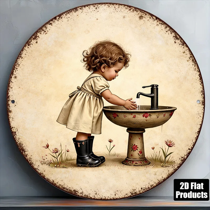 2D Flat, 1pc Retro Little Girl Washing Hands Wall Sign - Hygiene Decoration Plaque with Vintage Washing Hands, Suitable for Kitc