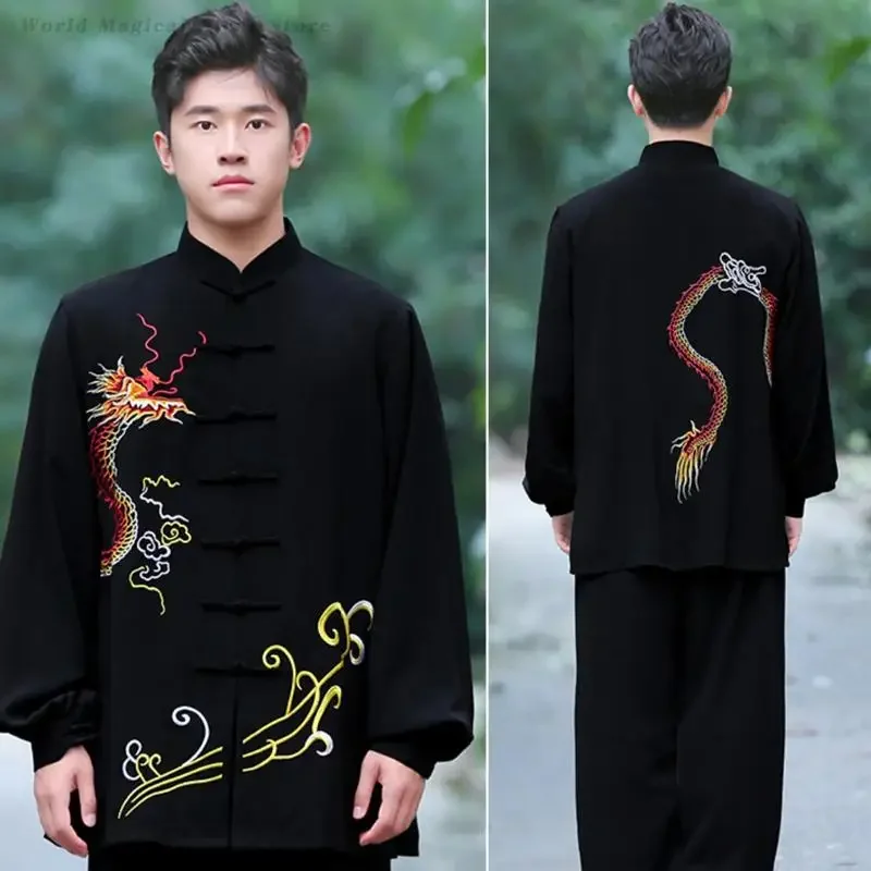 Di alta Qualità Tai Chi Vestiti Delle Donne Degli Uomini Ricamato Drago Kung Fu Camicia Wushu Uniforme Autunno Nuovo Tang Vestito Wing Chun Costume 3XL