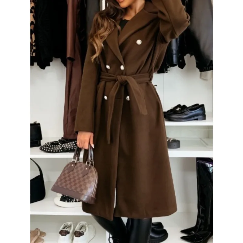 S-XXL New Women's Simple and Fashionable Solid Color Double Row Buckle Strap Woolen Coat